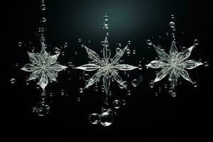 Water turns into snowflakes. Crystalline snowflakes with water drops on a dark background photo