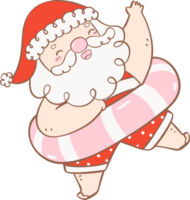 Cute Summer Santa Claus in swim ring, kawaii Christmas cartoon doodle hand drawing outline png