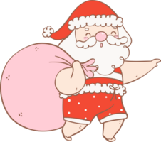 Cute Summer Santa Claus with sack, kawaii Christmas cartoon doodle hand drawing outline png