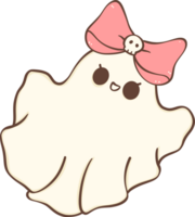 Cute Pink Halloween ghost girl with bow cartoon doodle png