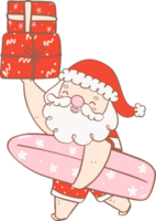 Cute Summer Santa Claus with gifts and surfboard, kawaii Christmas cartoon doodle  outline png