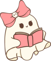 Cute pink Halloween ghost girl with book cartoon doodle png