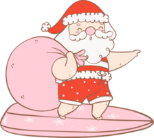 Cute Summer Santa Claus with surfboard, kawaii Christmas cartoon doodle hand drawing outline png