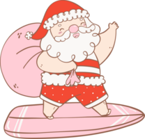 Cute Summer Santa Claus with surfboard, kawaii Christmas cartoon doodle hand drawing outline png