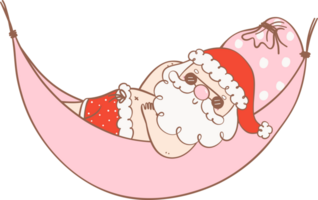 Cute Summer Santa Claus in hammock, kawaii Christmas cartoon doodle hand drawing outline png