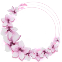blommig runda vår ram med vattenfärg rosa magnolior blommor, gren, löv och knoppar. hand målad illustration. botanisk uppsättning för bröllop, inbjudningar och hälsning kort png