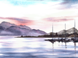 Adriatic sea sunset. Watercolor landscape with silhouette of mountains, port, yachts, fishing boats with reflection. Illustration hand drawn. Seascape for your banner, flyer, brochure postcard png