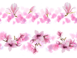 Flower Seamless border pattern set. Hand painted illustration of purple Magnolia bough.with pink watercolor stains.Horizontal repeating border, banner, wallpaper, wrapping paper. png