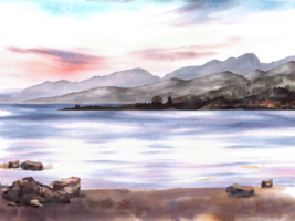 Nautical watercolor landscape. Adriatic seascape with sunset, mountain silhouettes, coastal sandy beach, stones. Hand drawn illustration for your postcards, printing, poster, wallpaper design png