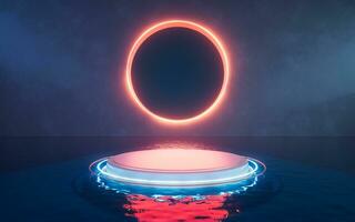 Glowing neon lines with water surface, 3d rendering. photo