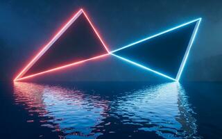 Glowing neon lines with water surface, 3d rendering. photo