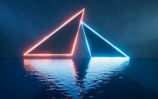 Glowing neon lines with water surface, 3d rendering. photo