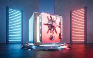 Safe box with glowing neon lights, 3d rendering. photo