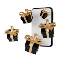 3d nero Venerdì regalo scatole icona con d'oro nastro arco a partire dal smartphone. rendere negozio vendita moderno vacanza. realistico icona per presente shopping bandiera o manifesto png