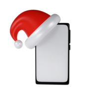 3d render Preto Smartphone com vermelho santa chapéu ícone brincar com em branco branco tela em branco fundo ilustração. fofa elemento para Natal e Novo ano cumprimento cartão png