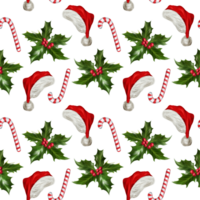 Santa hat, holly, candy cane. Christmas seamless pattern. Design element for greeting cards, invitations, covers, textiles, wrapping paper. png