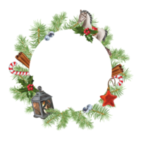 Fir branches, rocking horse, lantern, star, holly, candy cane. Christmas wreath. Design element for greeting cards, invitations, flyers. png