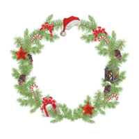 Fir branches, cones, lantern, gift, stars, candy cane, Santa's hat. Christmas wreath. Design element for greeting cards, invitations, flyers. png