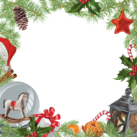Square frame with snow globe, lantern, fir branches, holly, candy cane. Christmas illustration. Design element for greeting cards, invitations, flyers, covers. png