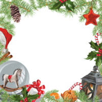 plein kader met sneeuw wereldbol, lantaarn, Spar takken, hulst, snoep riet. Kerstmis illustratie. ontwerp element voor groet kaarten, uitnodigingen, flyers, dekt. png