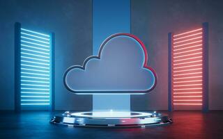 Cloud computing with glowing neon lights, 3d rendering. photo