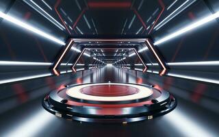 Empty stage in the dark technology tunnel, 3d rendering. photo
