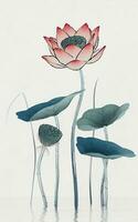 Chinese retro painting style lotus illustration. photo