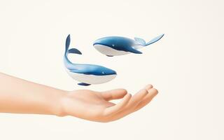 Cartoon whales in a hand, 3d rendering. photo