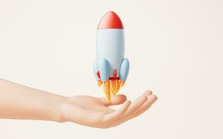 Cartoon rocket in a hand, 3d rendering. photo