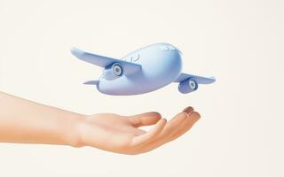 A cartoon plane in a hand, 3d rendering. photo