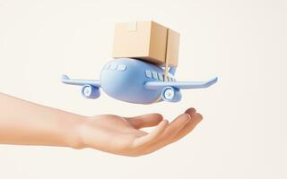 A cartoon plane carrying a box in a hand, 3d rendering. photo
