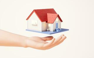 A cartoon house in a hand, 3d rendering. photo