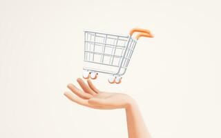 Shopping cart in a hand, 3d rendering. photo