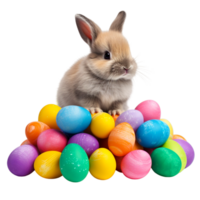 Light brown cute easter bunny and colored eggs Ai Generative png