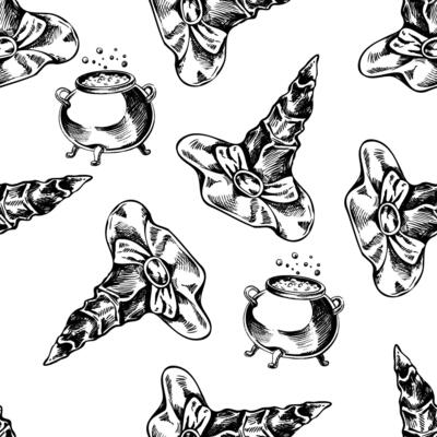 Vintage illustration for Halloween. Seamless pattern of hand-drawn witch's pointed hat and cauldron. Black-and-white illustration in sketch style. Doodle.