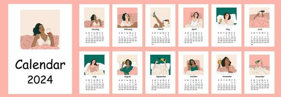 2024 calendario con resumen ilustraciones mujer bebidas un vaso de vino en cama . calendario planificador mínimo estilo, anual organizador. vector ilustración