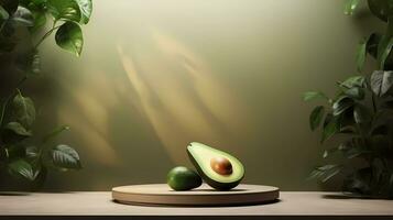Empty podium on light architectural background surrounded by avocadoes. photo