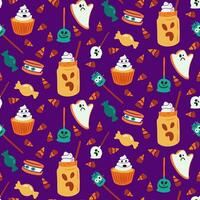 Scary candies Halloween seamless pattern for holiday decoration. Bold elements in flat minimalistic hand drawn style on purple background. Modern holiday design for Halloween decoration vector