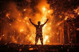 un hombre en el chispas de un fuego. hombre y elemento foto