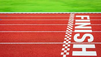 Forward to finish line on Running track. Concept of Business Competition Game, Strategy and Challenges photo