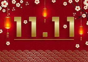 11.11 Chinese shopping day sale poster with gold paper cut art and craft style on color background vector