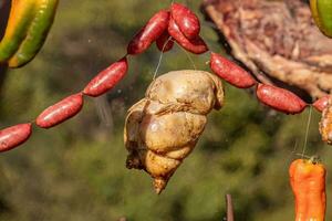 hanging chicken meat roasting outdoors photo