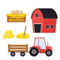 Farm set with tractor, hay stack with pitchfork, wooden box with eggs and red building in cartoon style isolated on white background stock vector illustration.