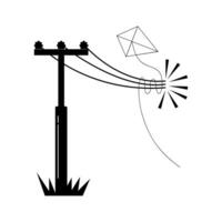 A kite caught on an electricity pole explodes. Continuous line drawing flying kite. vector