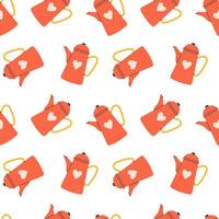 Vector red tea kettles seamless pattern. Lovely tea kettle with heart on white background. Tea time print.