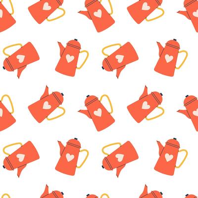 Vector red tea kettles seamless pattern. Lovely tea kettle with heart on white background. Tea time print.