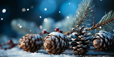 Christmas snowy winter holiday celebration greeting card - Closeup of oine branch with pine cones and snow, defocused blurred background with blue sky and bokeh lights and snowflakes photo