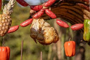 hanging chicken meat roasting outdoors photo