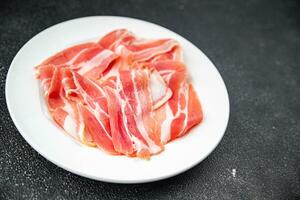 bacon slice fresh smoked meat eating cooking appetizer meal food snack on the table copy space photo