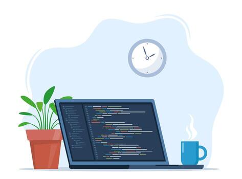ordenador portátil con taza de café y planta en maceta. lugar de trabajo de descifrador, en línea programador. codificación y programación, desarrollando sitios utilizando especial idioma. vector ilustración.